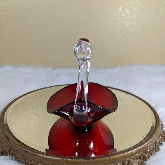 Duncan Miller Ruby Red Glass Swan Dish 8 in Candy Nut Vintage Clear Neck - Picture 2 of 9